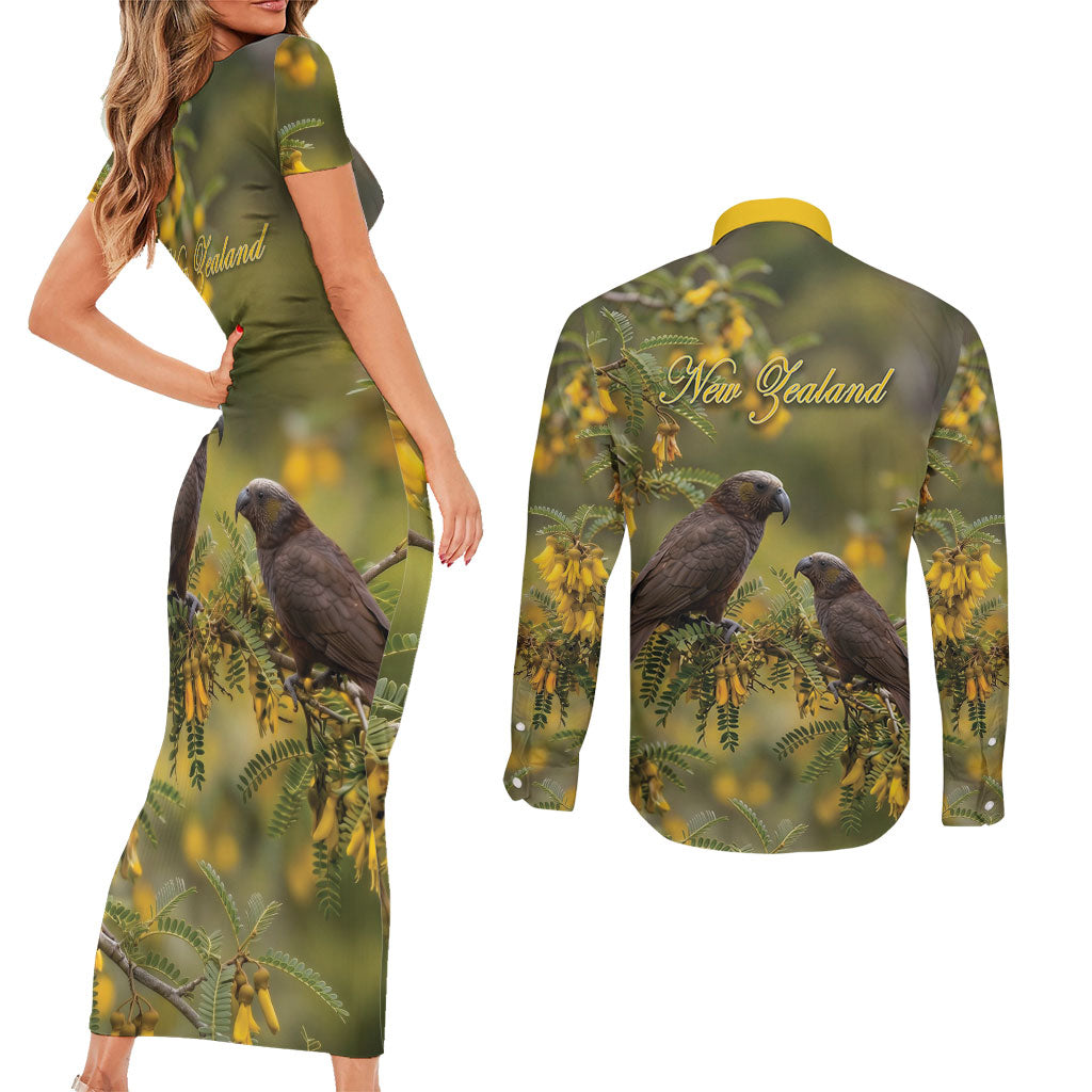 New Zealand Kaka Bird Couples Matching Short Sleeve Bodycon Dress and Long Sleeve Button Shirt Kowhai Flower Landscape Style