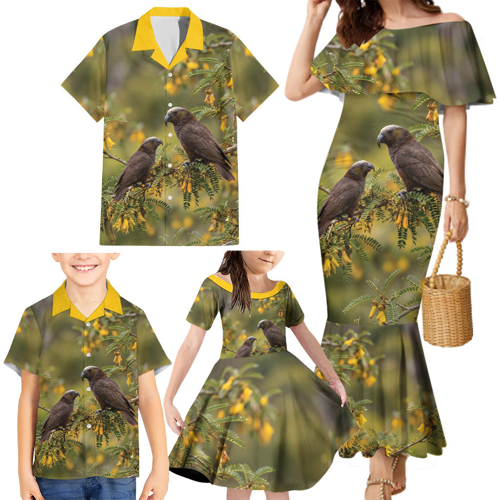 New Zealand Kaka Bird Family Matching Mermaid Dress and Hawaiian Shirt Kowhai Flower Landscape Style