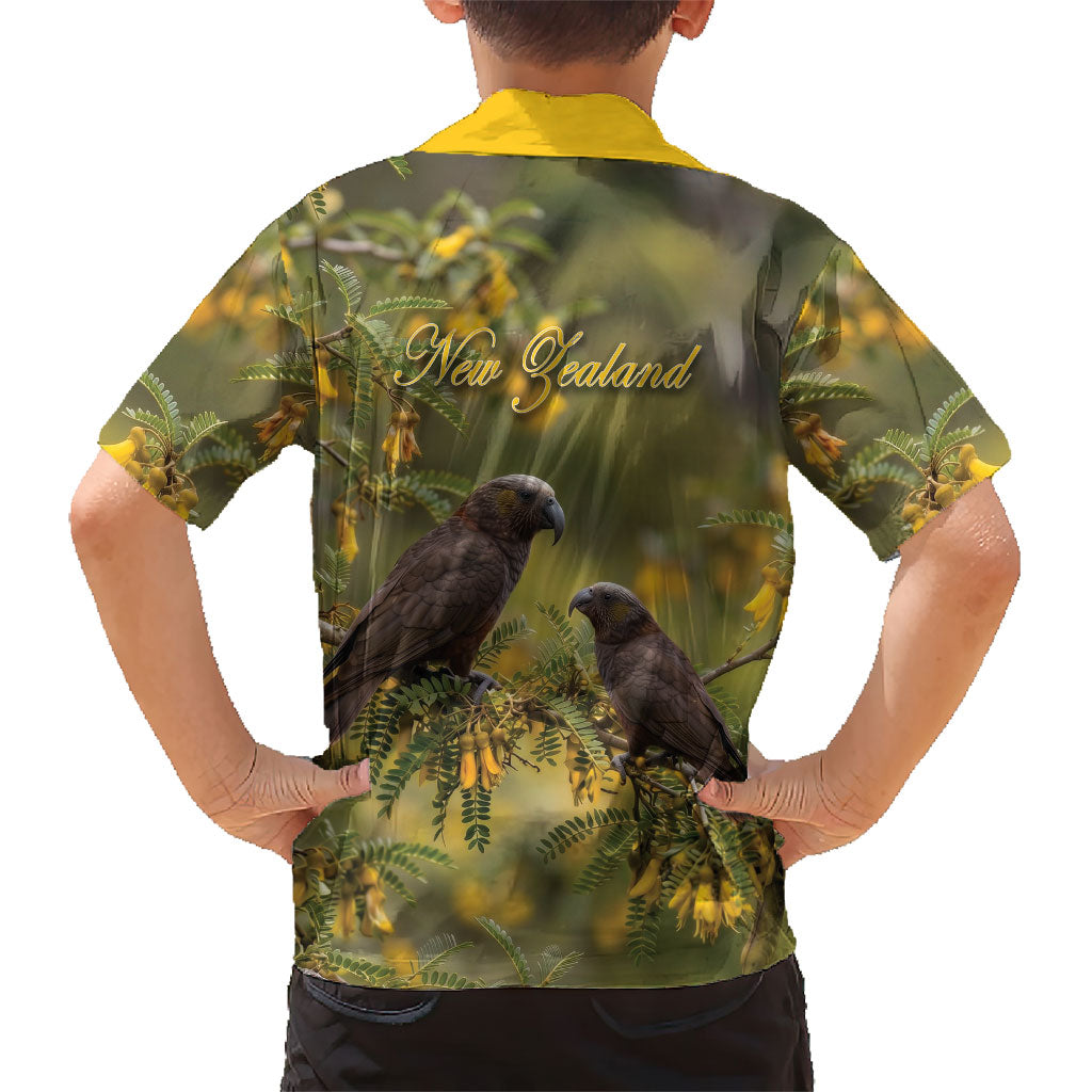 New Zealand Kaka Bird Family Matching Off Shoulder Maxi Dress and Hawaiian Shirt Kowhai Flower Landscape Style