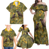 New Zealand Kaka Bird Family Matching Off Shoulder Maxi Dress and Hawaiian Shirt Kowhai Flower Landscape Style