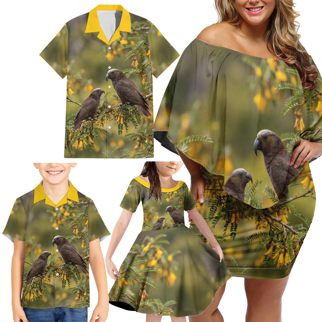 New Zealand Kaka Bird Family Matching Off Shoulder Short Dress and Hawaiian Shirt Kowhai Flower Landscape Style