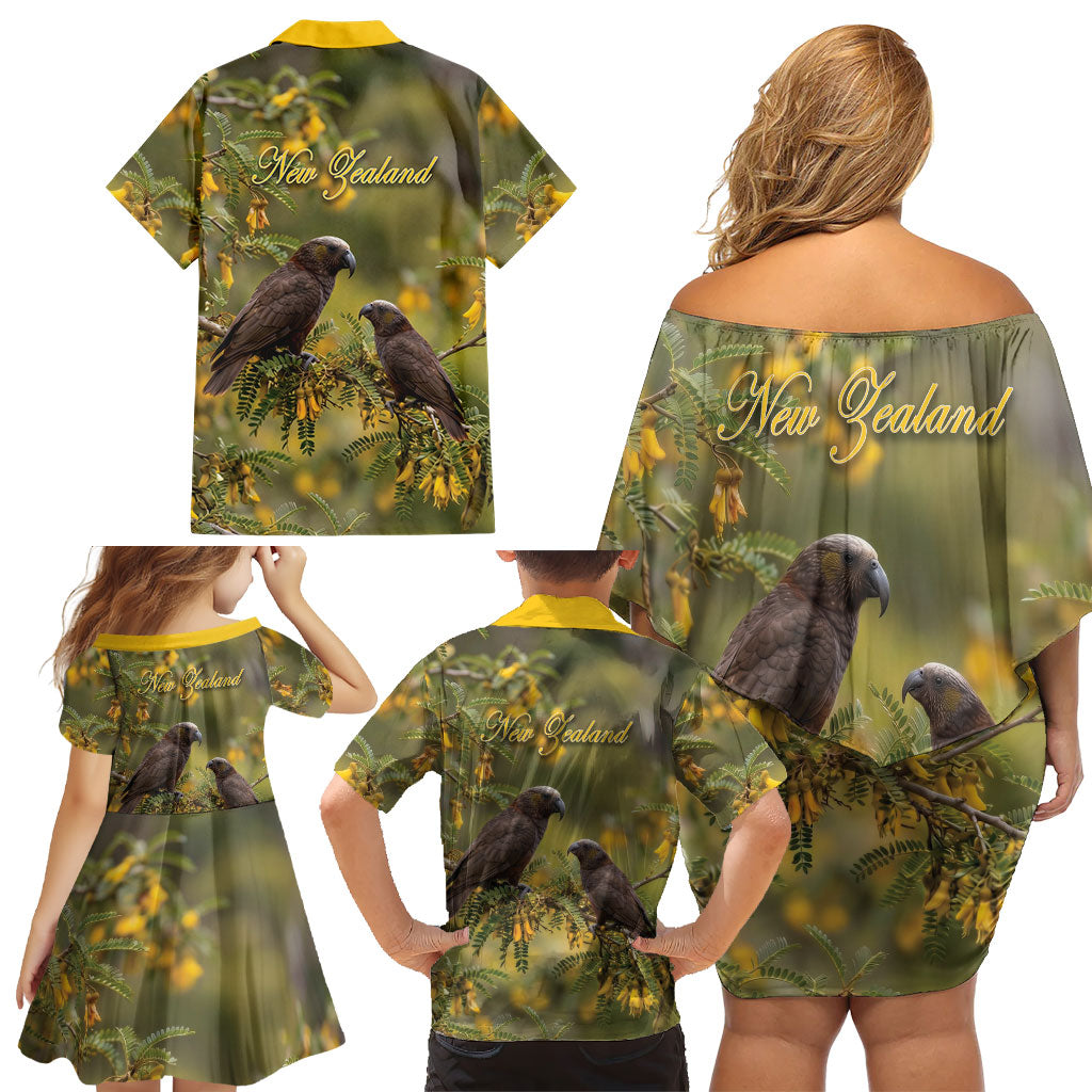 New Zealand Kaka Bird Family Matching Off Shoulder Short Dress and Hawaiian Shirt Kowhai Flower Landscape Style