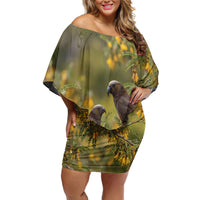 New Zealand Kaka Bird Family Matching Off Shoulder Short Dress and Hawaiian Shirt Kowhai Flower Landscape Style