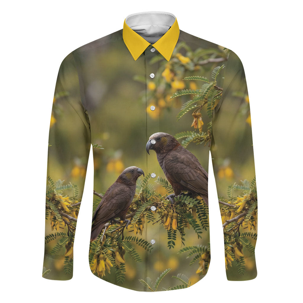 New Zealand Kaka Bird Family Matching Puletasi and Hawaiian Shirt Kowhai Flower Landscape Style