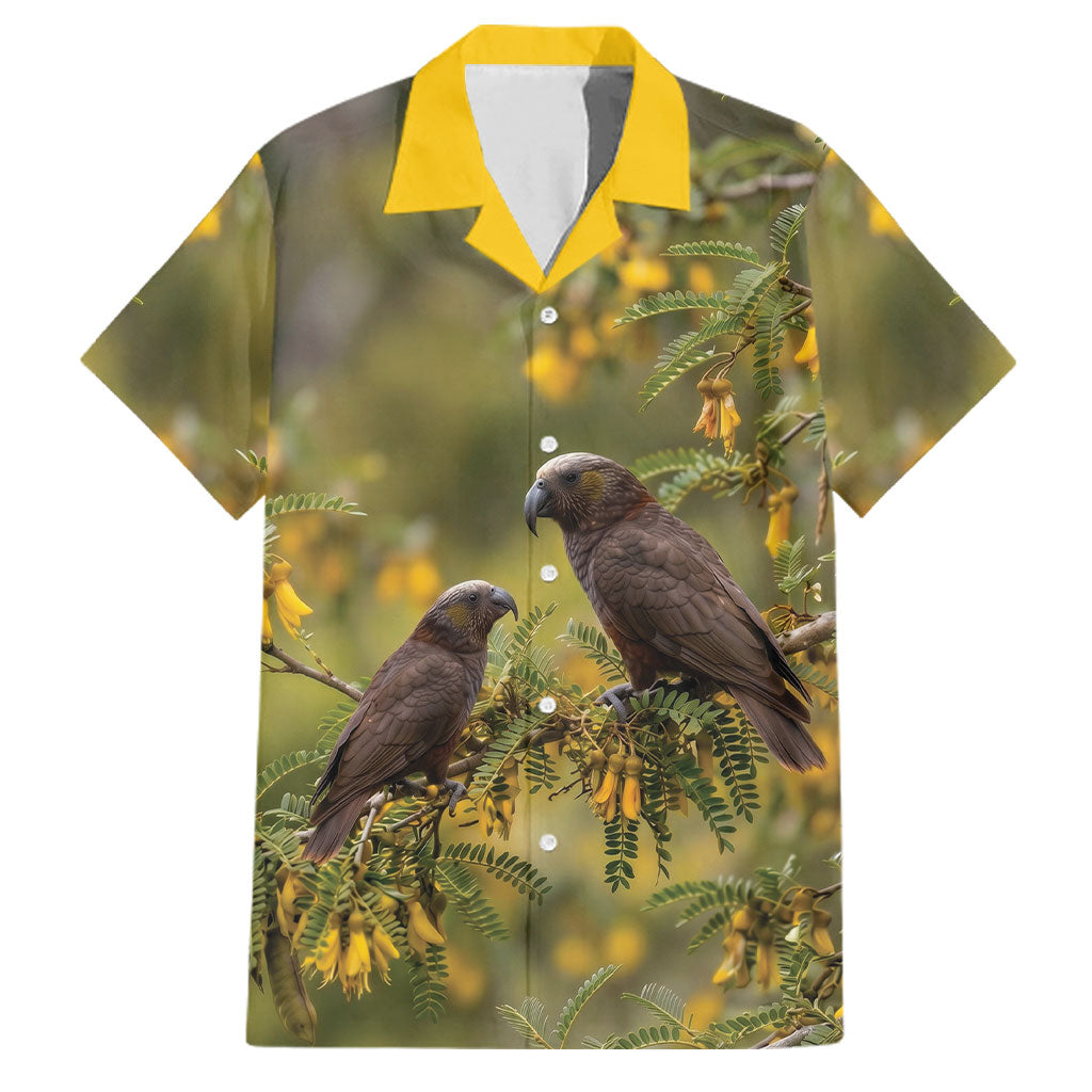 New Zealand Kaka Bird Family Matching Short Sleeve Bodycon Dress and Hawaiian Shirt Kowhai Flower Landscape Style