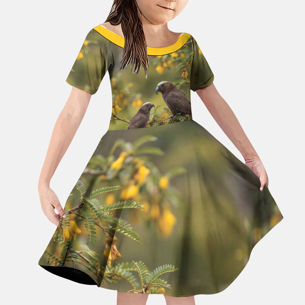 New Zealand Kaka Bird Family Matching Summer Maxi Dress and Hawaiian Shirt Kowhai Flower Landscape Style