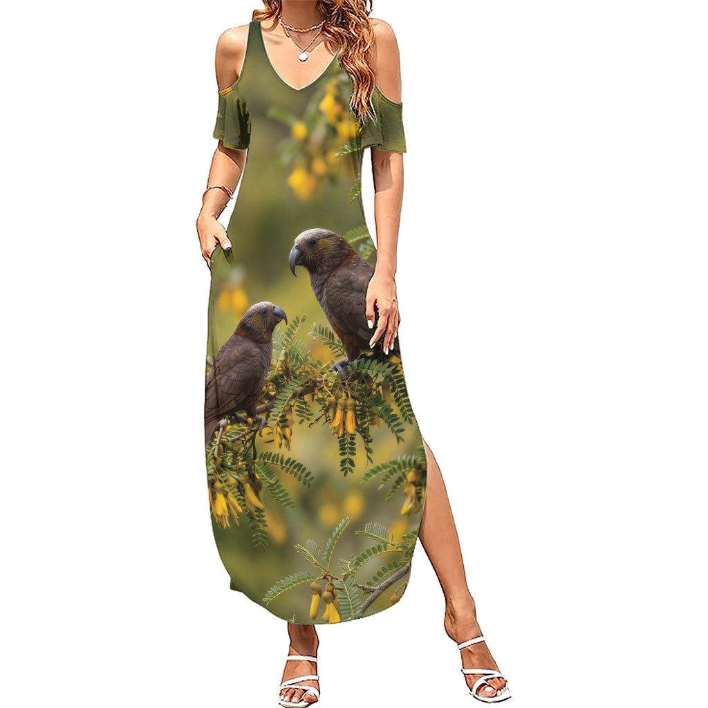 New Zealand Kaka Bird Family Matching Summer Maxi Dress and Hawaiian Shirt Kowhai Flower Landscape Style