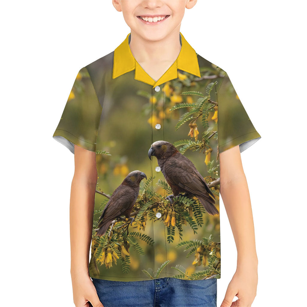 New Zealand Kaka Bird Family Matching Summer Maxi Dress and Hawaiian Shirt Kowhai Flower Landscape Style