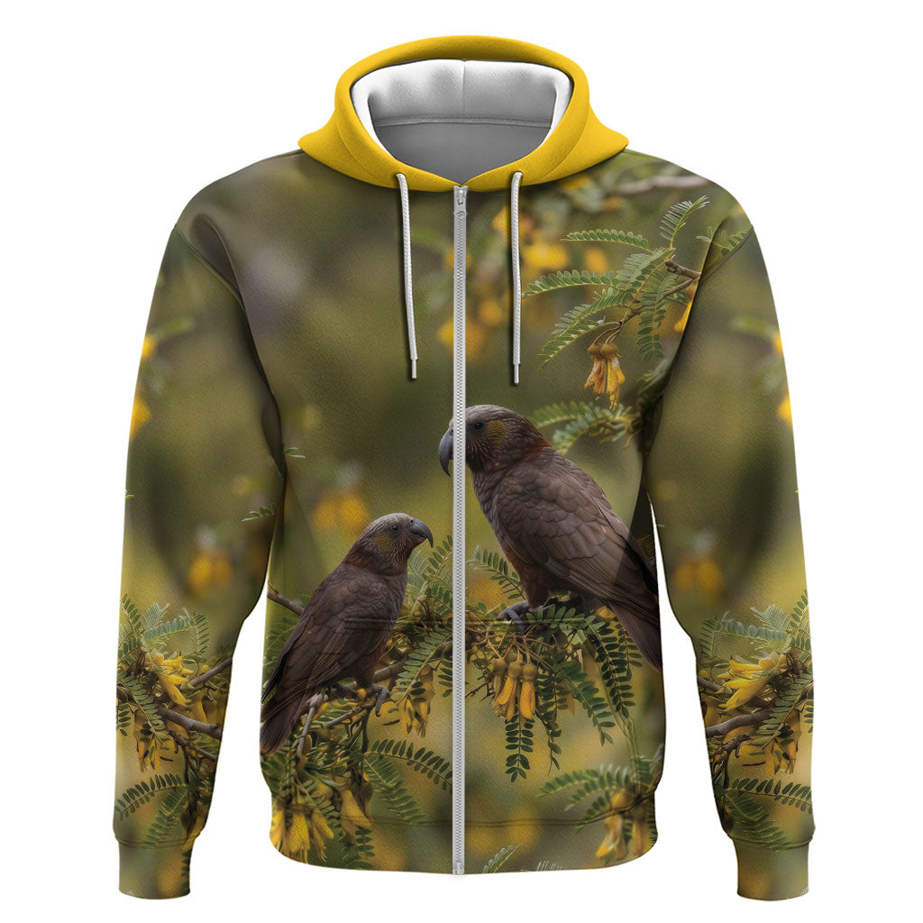 New Zealand Kaka Bird Hoodie Kowhai Flower Landscape Style