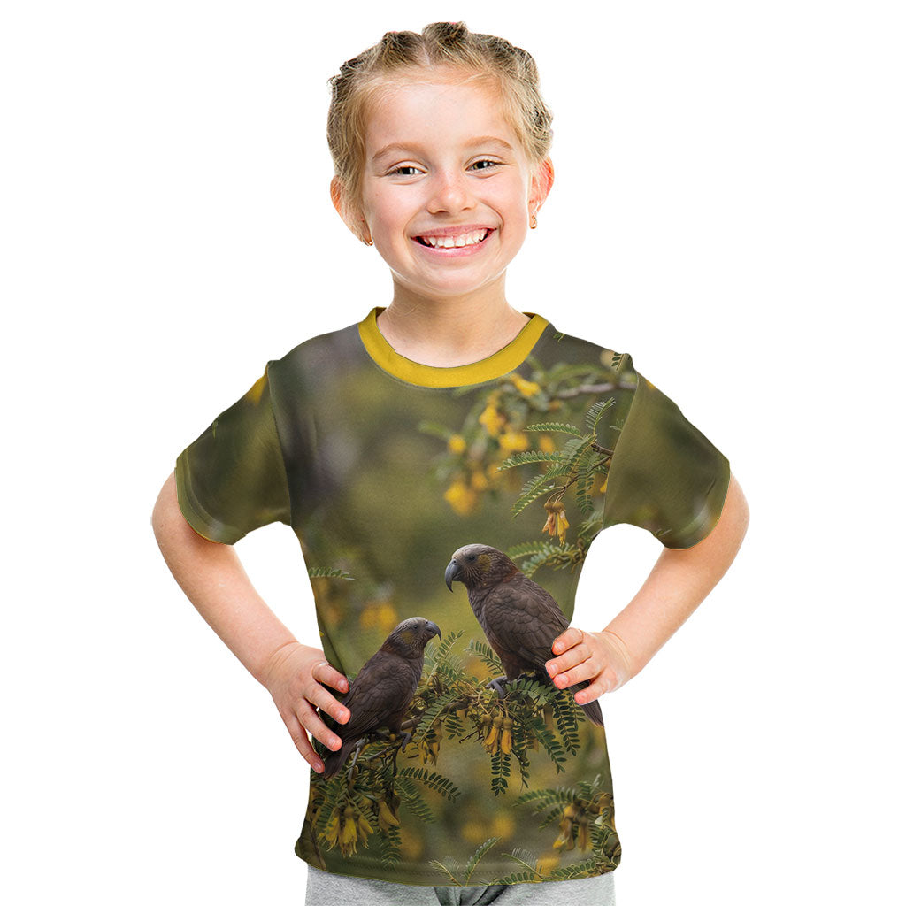 New Zealand Kaka Bird Kid T Shirt Kowhai Flower Landscape Style LT22 Green - Polynesian Pride