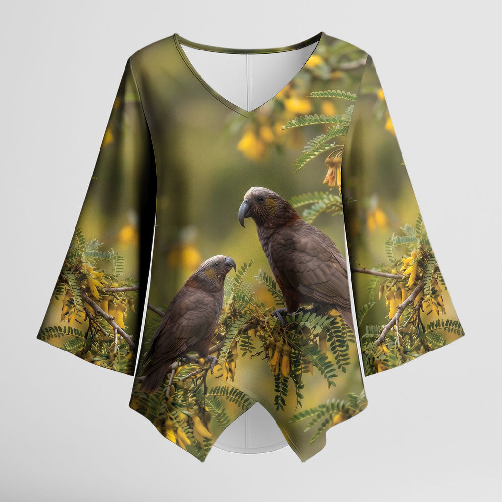 New Zealand Kaka Bird Kimono Sleeve Blouse Kowhai Flower Landscape Style LT22 Female Green - Polynesian Pride
