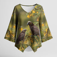 New Zealand Kaka Bird Kimono Sleeve Blouse Kowhai Flower Landscape Style LT22 Female Green - Polynesian Pride