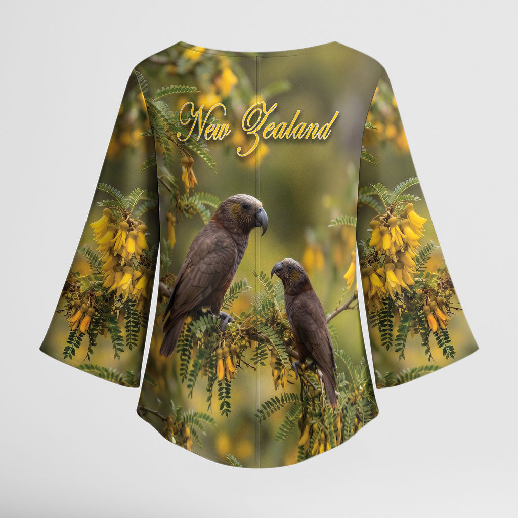 New Zealand Kaka Bird Kimono Sleeve Blouse Kowhai Flower Landscape Style LT22 - Polynesian Pride