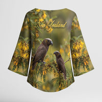 New Zealand Kaka Bird Kimono Sleeve Blouse Kowhai Flower Landscape Style LT22 - Polynesian Pride