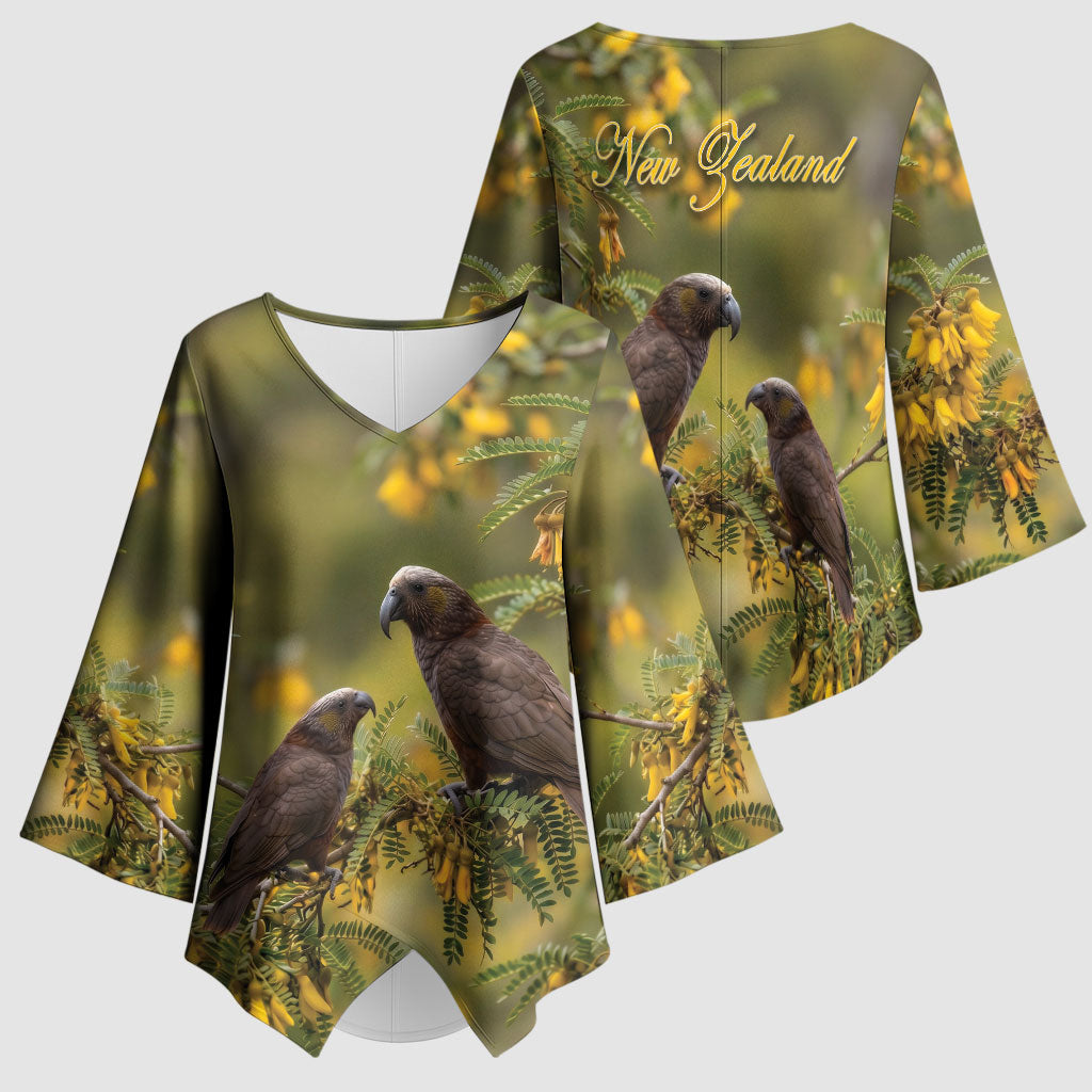New Zealand Kaka Bird Kimono Sleeve Blouse Kowhai Flower Landscape Style LT22 - Polynesian Pride