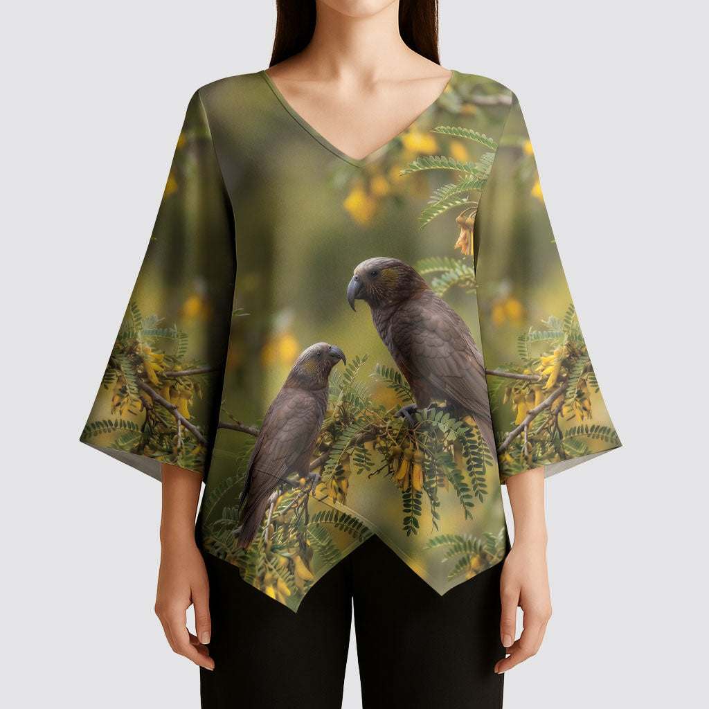 New Zealand Kaka Bird Kimono Sleeve Blouse Kowhai Flower Landscape Style LT22 - Polynesian Pride