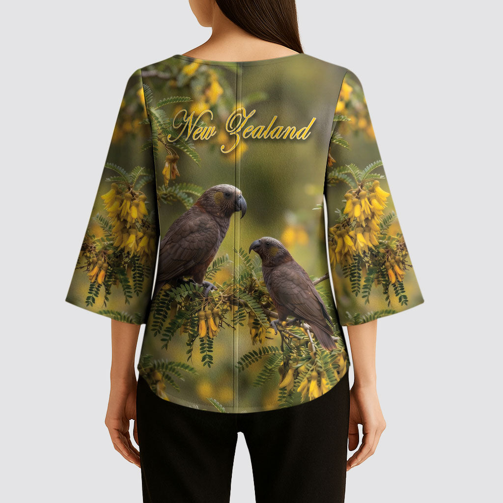 New Zealand Kaka Bird Kimono Sleeve Blouse Kowhai Flower Landscape Style LT22 - Polynesian Pride