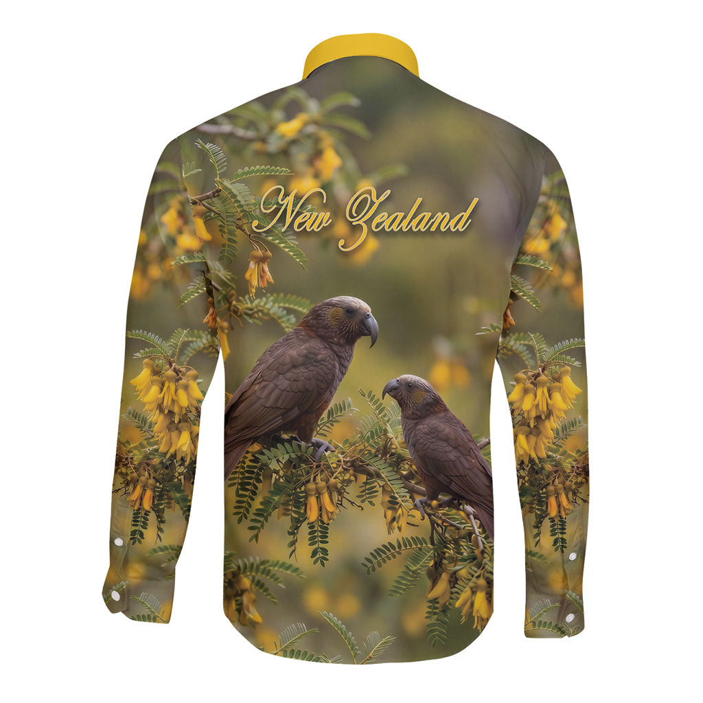 New Zealand Kaka Bird Long Sleeve Button Shirt Kowhai Flower Landscape Style