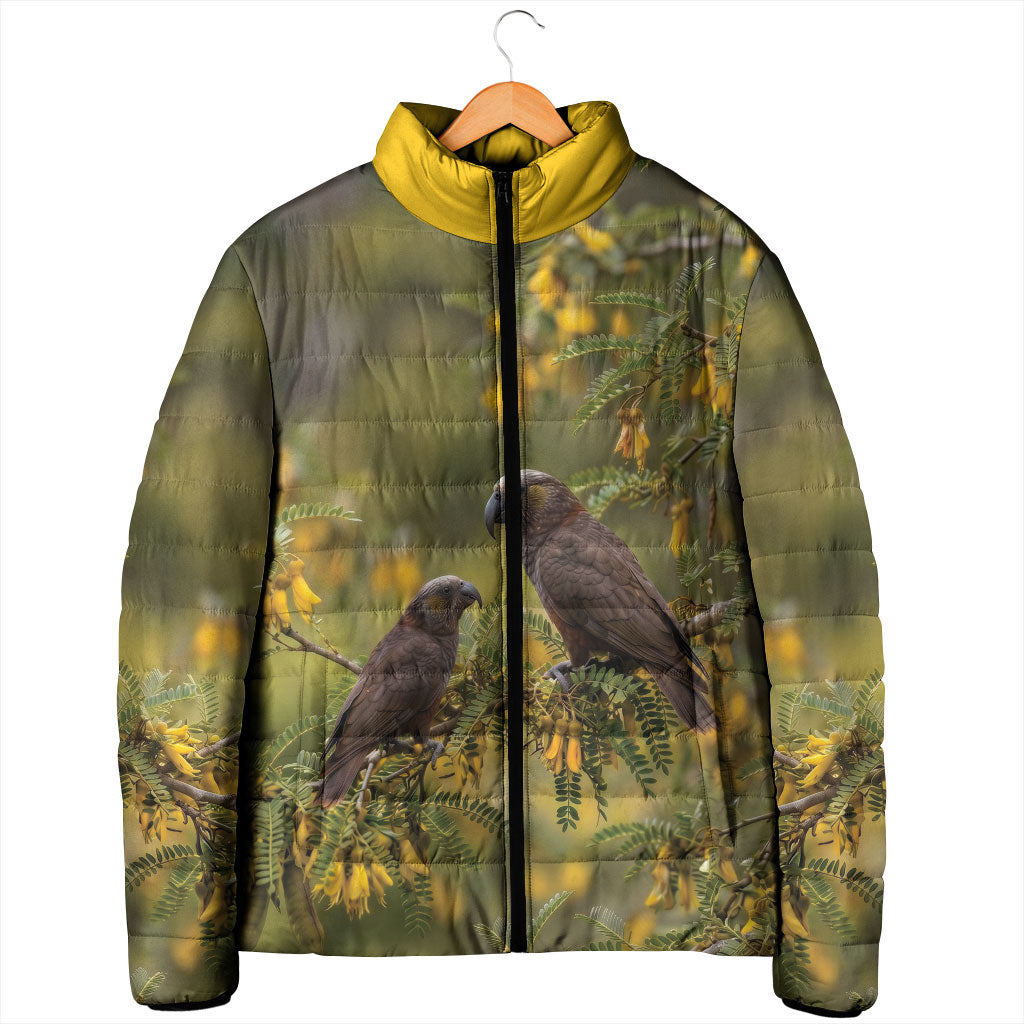 New Zealand Kaka Bird Padded Jacket Kowhai Flower Landscape Style
