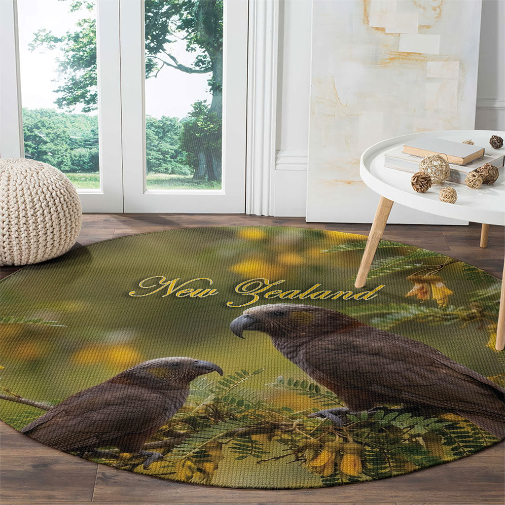 New Zealand Kaka Bird Round Carpet Kowhai Flower Landscape Style