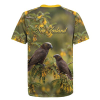 New Zealand Kaka Bird Rugby Jersey Kowhai Flower Landscape Style