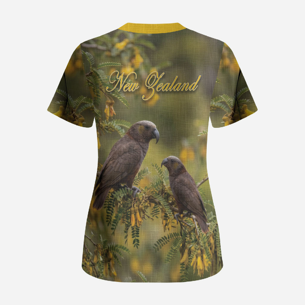 New Zealand Kaka Bird Scrub Top Kowhai Flower Landscape Style
