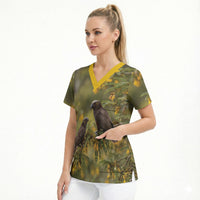 New Zealand Kaka Bird Scrub Top Kowhai Flower Landscape Style