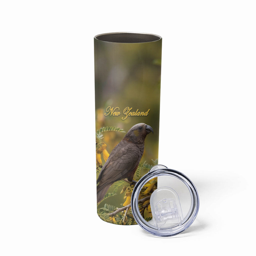 New Zealand Kaka Bird Skinny Tumbler Kowhai Flower Landscape Style