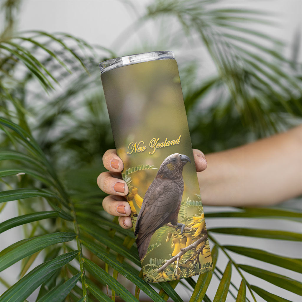 New Zealand Kaka Bird Skinny Tumbler Kowhai Flower Landscape Style