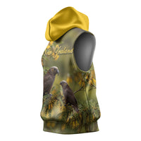 New Zealand Kaka Bird Sleeveless Hoodie Kowhai Flower Landscape Style