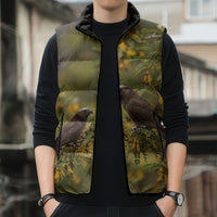 New Zealand Kaka Bird Sleeveless Puffer Jacket Kowhai Flower Landscape Style