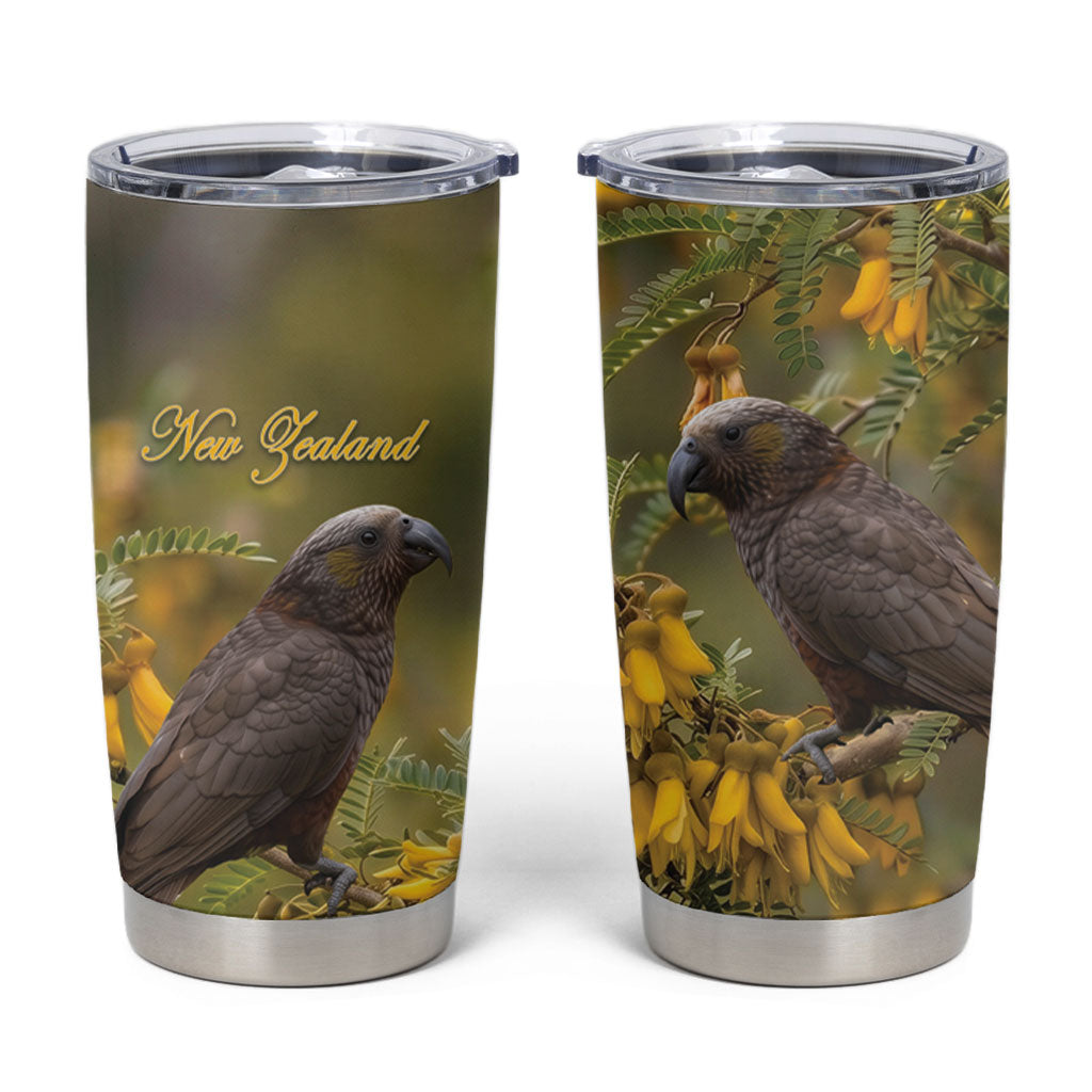 New Zealand Kaka Bird Tumbler Cup Kowhai Flower Landscape Style LT22 Green - Polynesian Pride