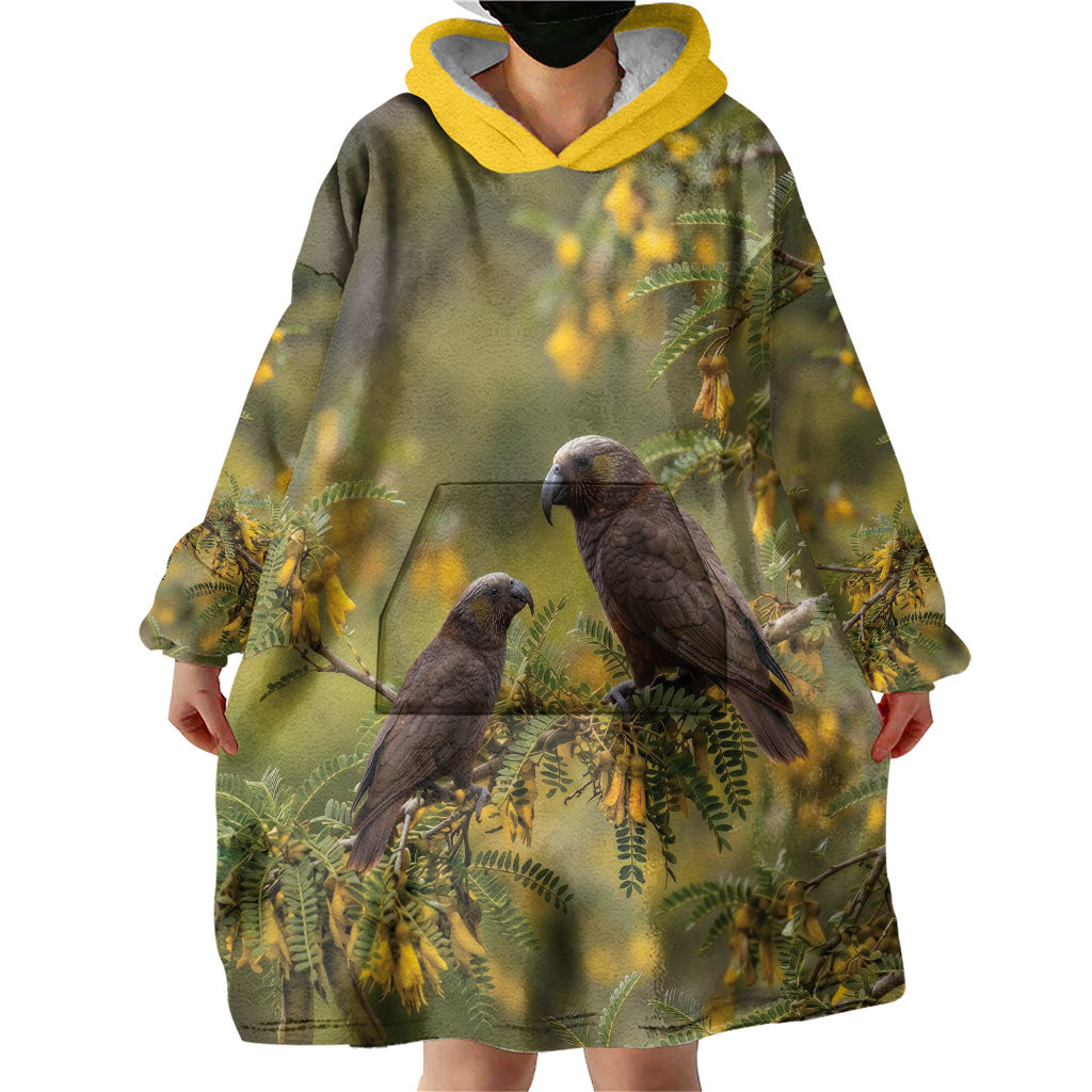 New Zealand Kaka Bird Wearable Blanket Hoodie Kowhai Flower Landscape Style