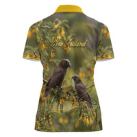New Zealand Kaka Bird Women Polo Shirt Kowhai Flower Landscape Style