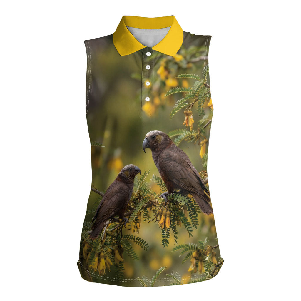 New Zealand Kaka Bird Women Sleeveless Polo Shirt Kowhai Flower Landscape Style