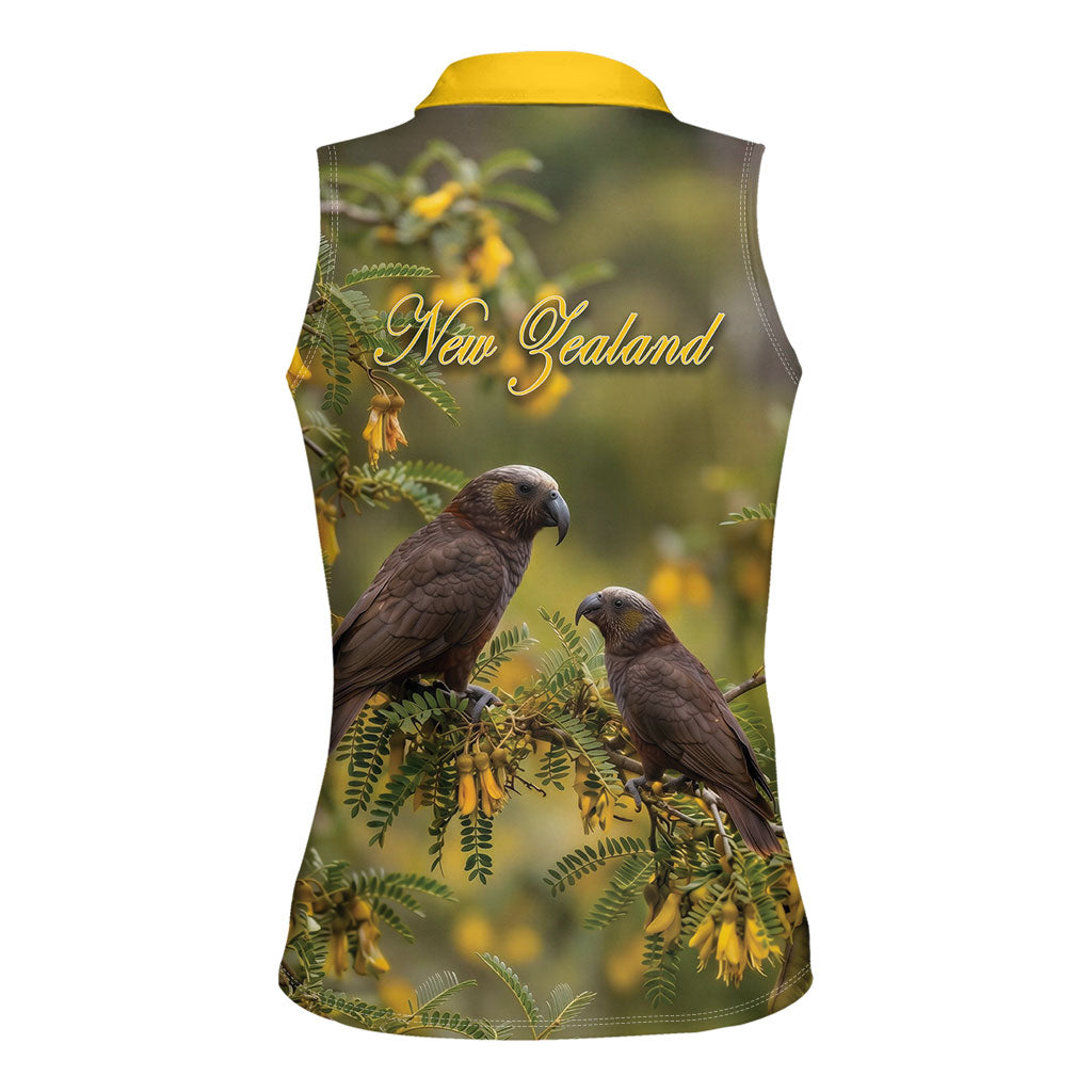 New Zealand Kaka Bird Women Sleeveless Polo Shirt Kowhai Flower Landscape Style
