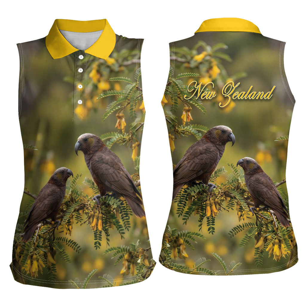 New Zealand Kaka Bird Women Sleeveless Polo Shirt Kowhai Flower Landscape Style