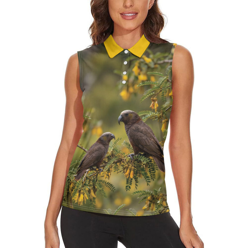 New Zealand Kaka Bird Women Sleeveless Polo Shirt Kowhai Flower Landscape Style