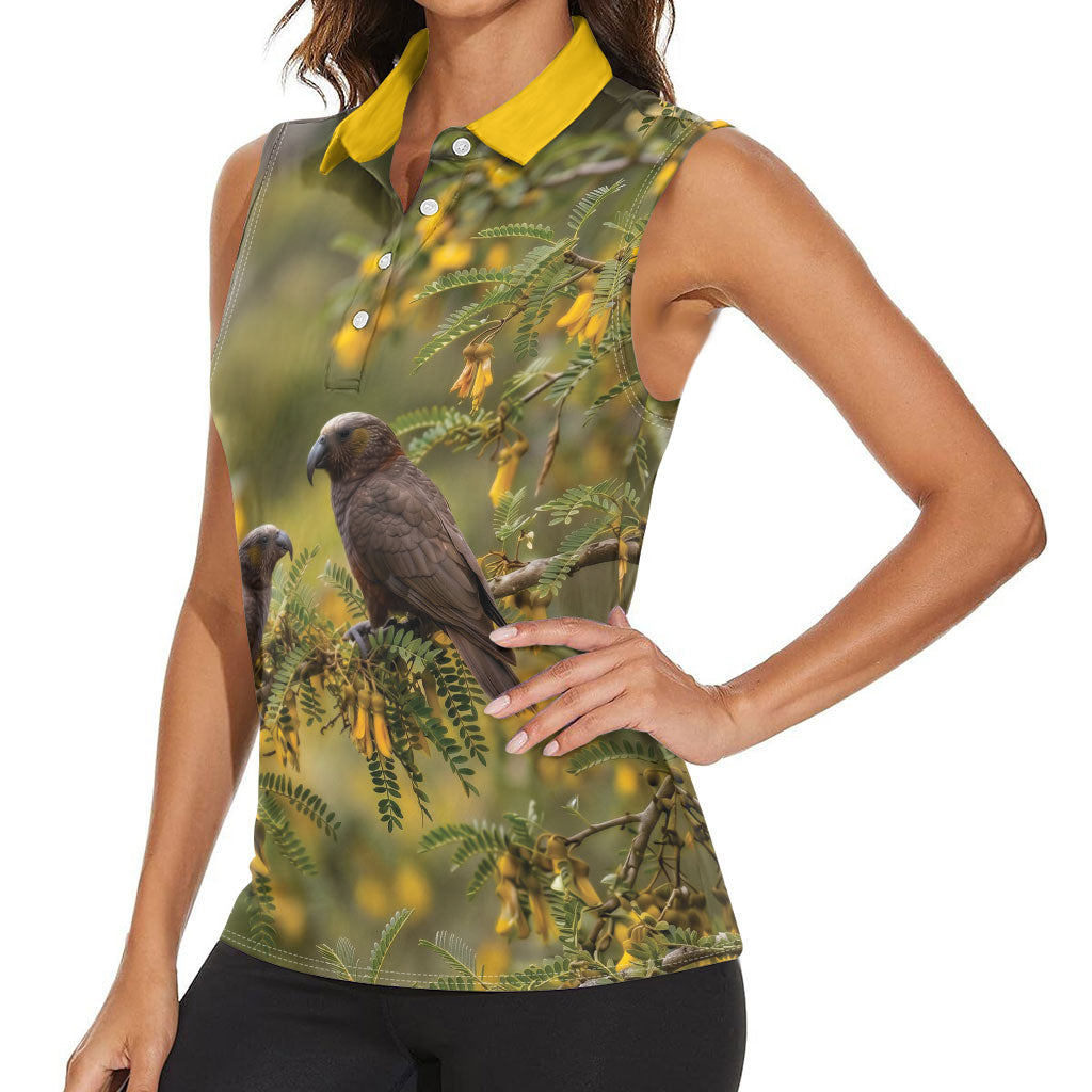 New Zealand Kaka Bird Women Sleeveless Polo Shirt Kowhai Flower Landscape Style