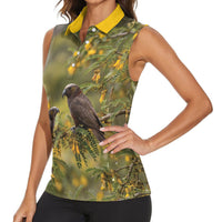 New Zealand Kaka Bird Women Sleeveless Polo Shirt Kowhai Flower Landscape Style