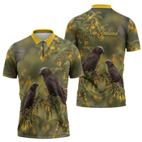 New Zealand Kaka Bird Zipper Polo Shirt Kowhai Flower Landscape Style