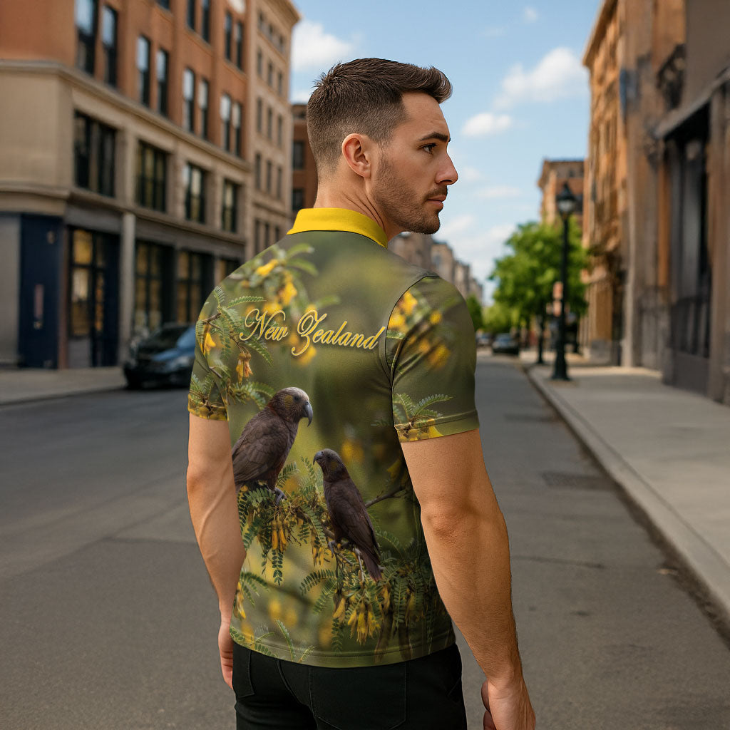 New Zealand Kaka Bird Zipper Polo Shirt Kowhai Flower Landscape Style