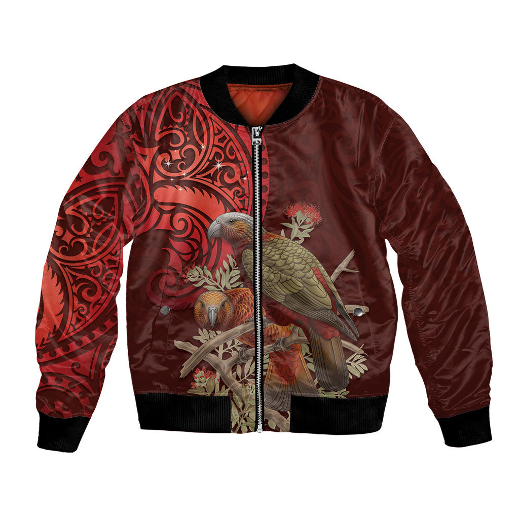 New Zealand Kaka Bird Personalised Bomber Jacket Pohutukawa Matariki Maori Pattern LT22 Unisex Red - Polynesian Pride