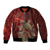 New Zealand Kaka Bird Personalised Bomber Jacket Pohutukawa Matariki Maori Pattern LT22 Unisex Red - Polynesian Pride