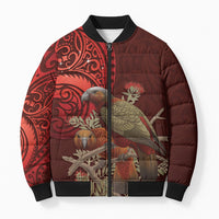 New Zealand Kaka Bird Personalised Bomber Puffer Jacket Pohutukawa Matariki Maori Pattern