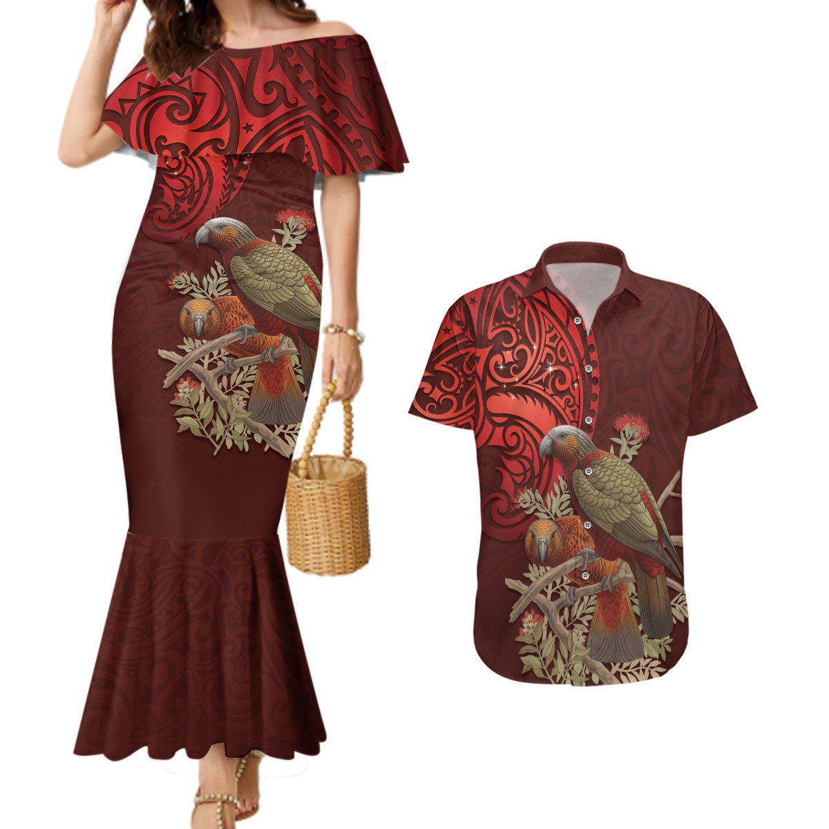 New Zealand Kaka Bird Personalised Couples Matching Mermaid Dress and Hawaiian Shirt Pohutukawa Matariki Maori Pattern