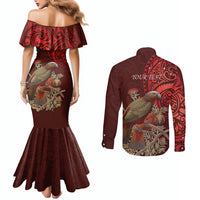 New Zealand Kaka Bird Personalised Couples Matching Mermaid Dress and Long Sleeve Button Shirt Pohutukawa Matariki Maori Pattern