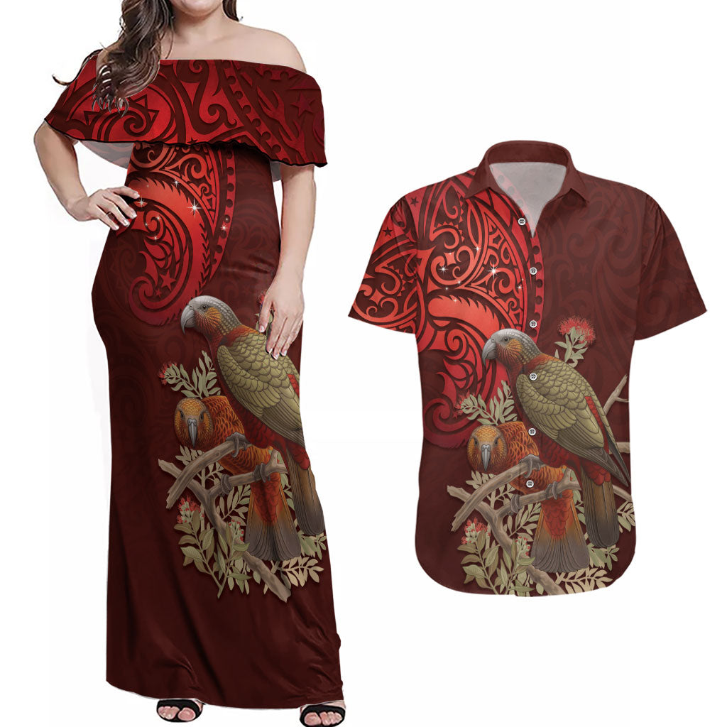 New Zealand Kaka Bird Personalised Couples Matching Off Shoulder Maxi Dress and Hawaiian Shirt Pohutukawa Matariki Maori Pattern