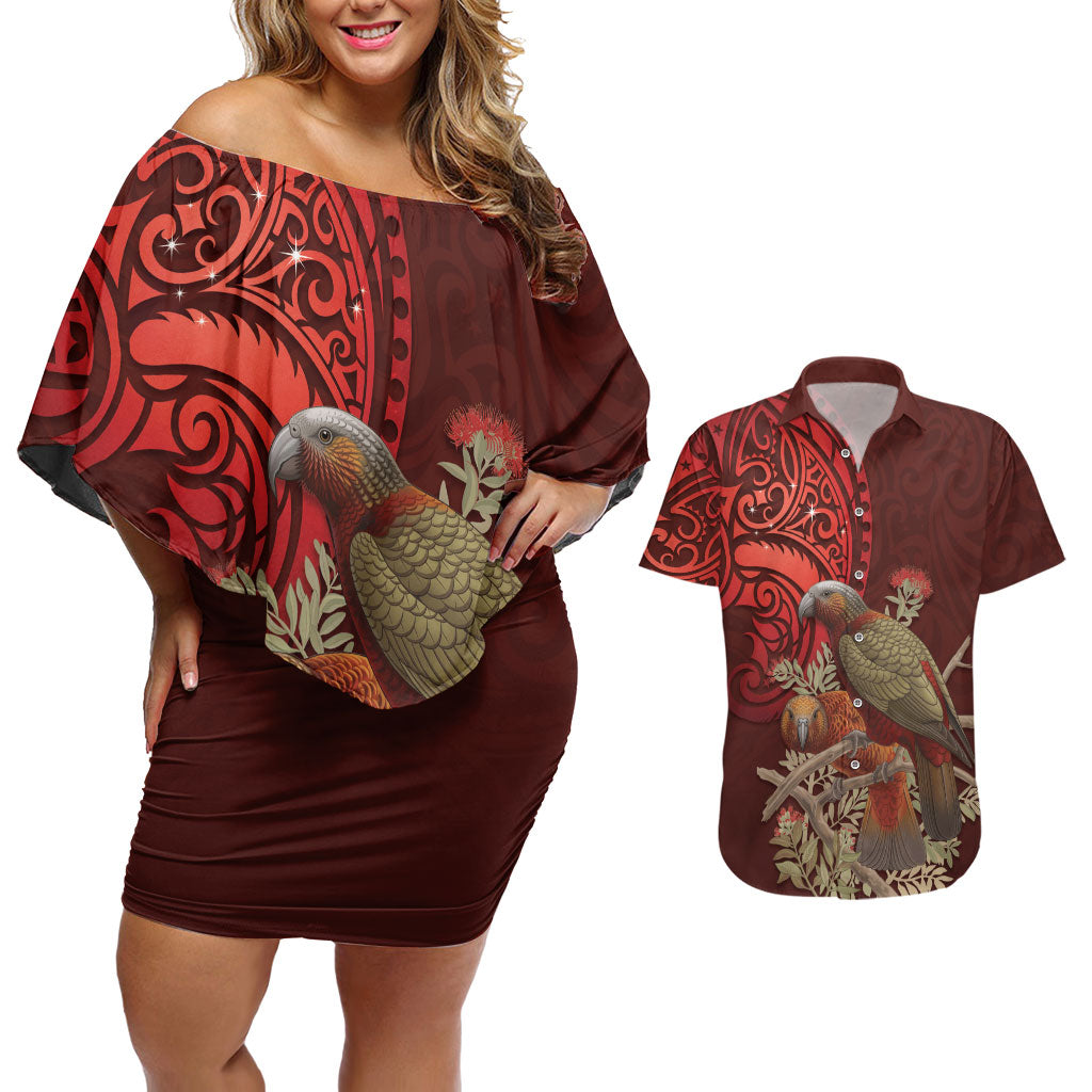 New Zealand Kaka Bird Personalised Couples Matching Off Shoulder Short Dress and Hawaiian Shirt Pohutukawa Matariki Maori Pattern