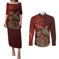 New Zealand Kaka Bird Personalised Couples Matching Puletasi and Long Sleeve Button Shirt Pohutukawa Matariki Maori Pattern